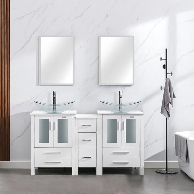 eclife 60" Modern Bathroom Vanity Sink Combo Freestanding Cabinet with Small Side Cabinet, Clear Boat Glass Vessel Sink, Water Save Faucet, Drain (White+A29TT)