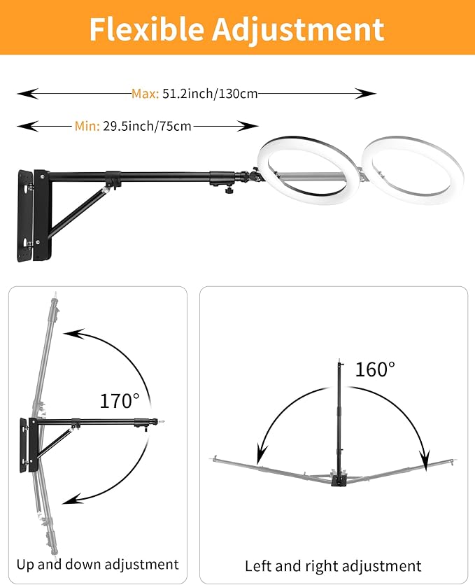 SITTO Ring Light Wall Mount 51in/130cm, Wall Mount Triangle Boom Arm for Photo Studio Lighting, Barber Shop, Beauty Salon, Tattoo Lighting, Live Streaming etc