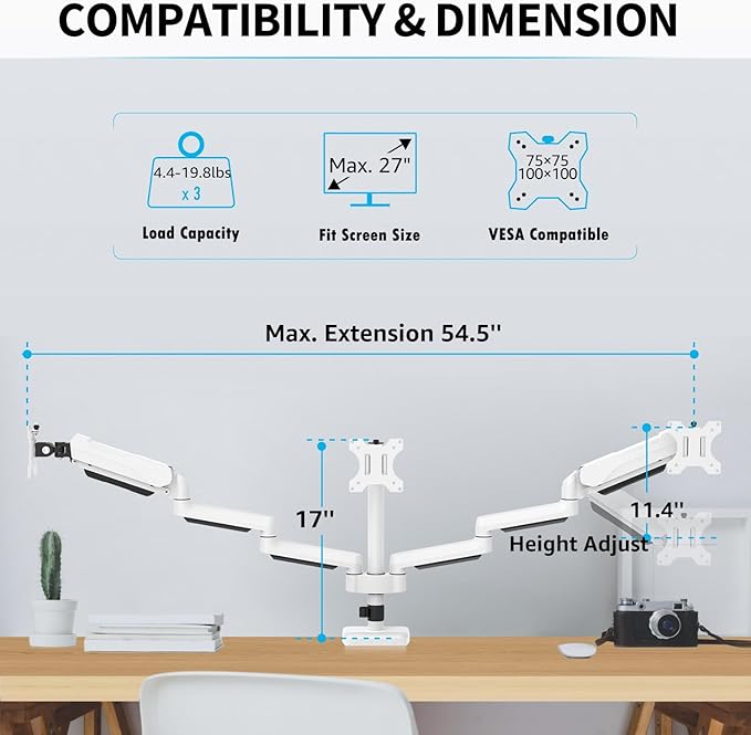 MOUNTUP Triple Monitor Stand Mount - 3 Monitors Desk Mount for Computer Screens Up to 27 inch, Triple Monitor Arm with Gas Spring, Heavy Duty Monitors Stand, Each Arm Holds 4.4-19.8 lbs, White
