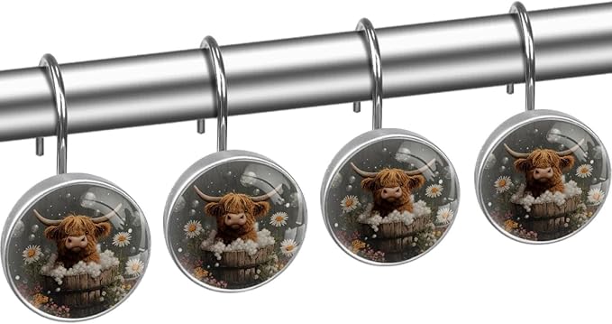 Rural Bathing Highland Cow Shower Curtain Hooks 12Pcs, Decorative Rust Resistant Shower Rings for Shower Curtain Rods, Stainless Steel Round Curtain Hooks for Bathroom, Bedroom, Farmhouse