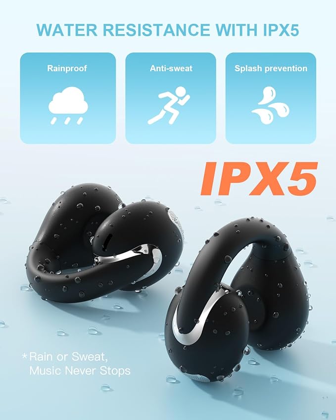 Open Ear Clip Wireless Earbuds Bluetooth 5.4, Lightweight Comfort Sports Bone Conduction Headphones Built-in Mic for Clear Audio, Stable Fit Earphones 24H Play-Black