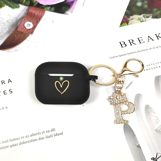Compatible with AirPods Pro 3 Case Cover (2025), Soft Silicone Case with Gold Heart Pattern for AirPods Pro 3rd Generation Case with Rhinestone Studded Letter A-Z Keychain (P Black)