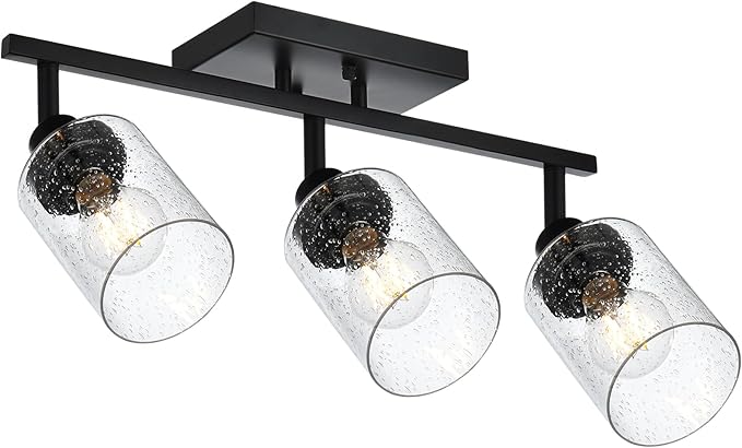 3-Light Black Track Lighting Kit Ceiling Mount Kitchen Track Lighting Fixtures, Bathroom Ceiling Tracking Vanity Light with Bubble Seeded Glass Shade & Rotatable Tracking Heads for Accent Shop