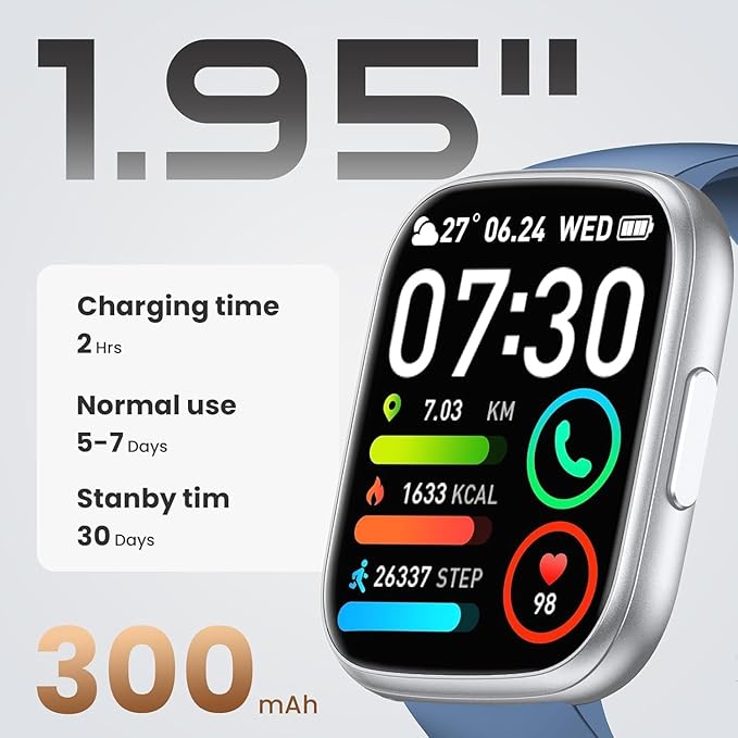 Smart Watch for Men Women, 1.95" HD Touchscreen Fitness Tracker with Bluetooth Calling, Fitness Watch with 110+ Sports Modes/Heart Rate/Sleep Monitor, IP68 Waterproof Smartwatch for Android iOS, Blue