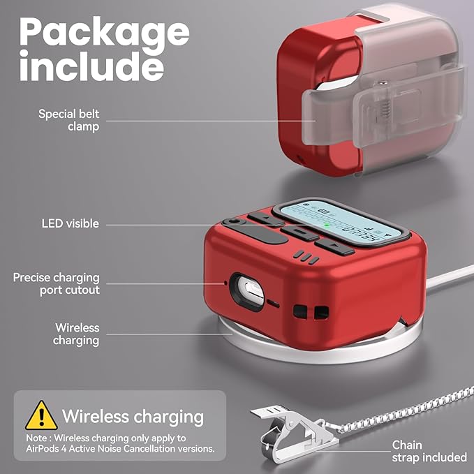 (with Safety Lock) Pager Cases for AirPods 4 Case Cover 2024 with Cleaner Kit,Sturdy Hard PC Protective for Apple AirPods 4th Generation Case for Men Women,AirPods 4 Accessories with Keychain-Red