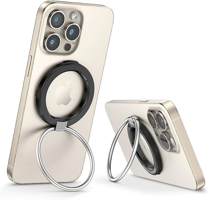 Magnetic Cell Phone Ring Holder Stand - 180° Rotating Finger Ring Kickstand, Premium Polished Metal Grip, Compatible with Magnetic Car Mounts. Ideal for iPhone 15/14-Must-Have Phone Accessory