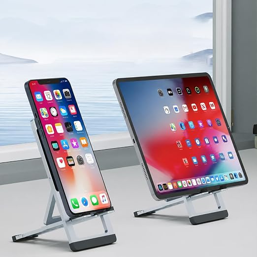 DEERLAMN Adjustable Cell Phone Holder Desktop, Aluminum Alloy Foldable and Portable Ultra-Thin Lightweight Metal Stand Holder for Phone/Tablet, Silver