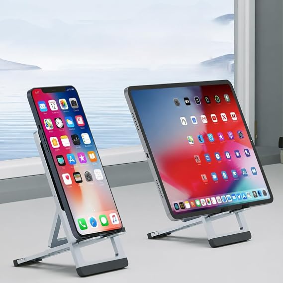 DEERLAMN Adjustable Cell Phone Holder Desktop, Aluminum Alloy Foldable and Portable Ultra-Thin Lightweight Metal Stand Holder for Phone/Tablet, Silver