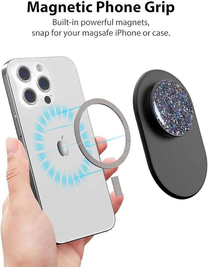 Magnetic Phone Grip for MagSafe, Phone Ring Holder Finger Kickstand Wireless Charging Compatible, Adjustable Magnet Phone Rings Gripper Stand for iPhone Mag-Safe Accessories - Sparkle Black