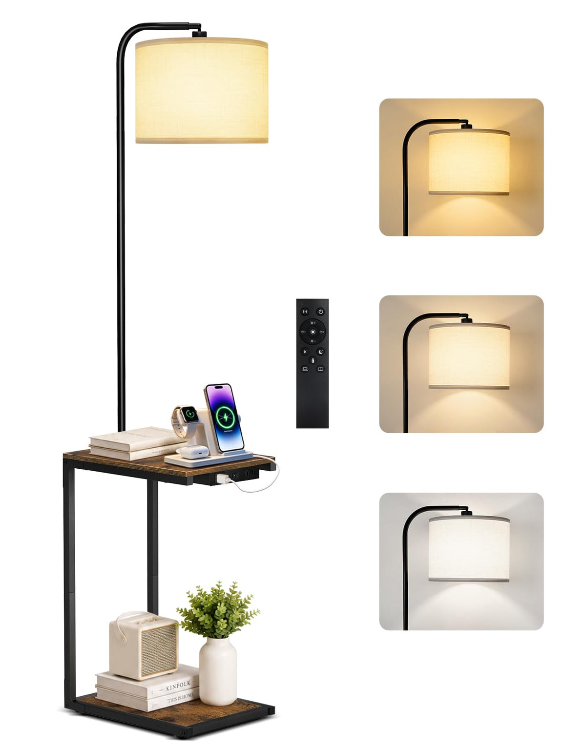 Floor Lamp with Table & Remote, C Shaped Side Table with Charging Station(USB & Type-C & AC Port), Dimmable End Table with 3 Color Temperatures, 12W LED Bulb, for Living Room Bedroom