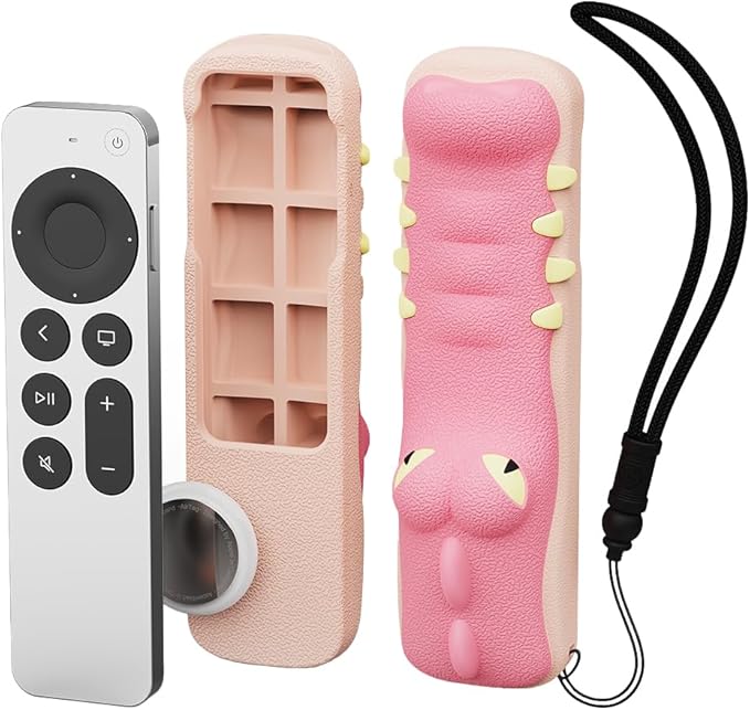 SIKAI CASE Silicone Case Fit Designed for Apple TV 4K 2021/2022 Siri Remote Protective Case with Shockproof Compatible with AirTag, Anti-Lost with Lanyard(Pink Gator)