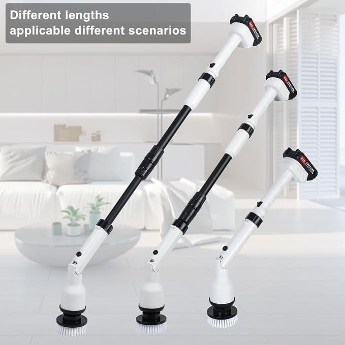 Electric Spin Scrubber, Cordless Cleaning Brush Scrubber, Shower Scrubber with 4 Replaceable Heads, IPX7 Waterproof, Dual Batteries, Adjustable Telescopic Handle for Bathroom/Tile/Grout/Floor (White)