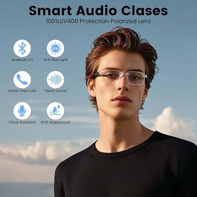 Smart Glasses Rimless Smartglasses with Bluetooth Speaker,Remote Control Photo Taking/Indoor Protection Voice Control (Anti-Bluelight Lenses)