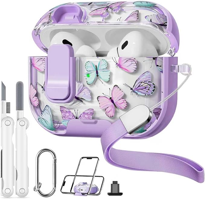 with Safety Lock for AirPods Pro 2nd 1st Generation Case Cover,Clear Butterfly Floral Cute with Phone Stand & Cleaner Kit for AirPod Pro Case for Women Girly-Purple