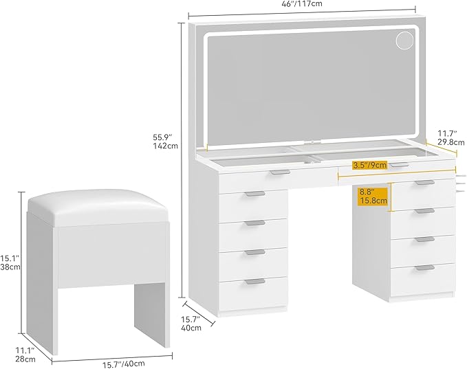 DWVO Vanity Desk, Glass Top Vanity with Charging Station, 46" Makeup Table with 10 Drawers & Storage Stool