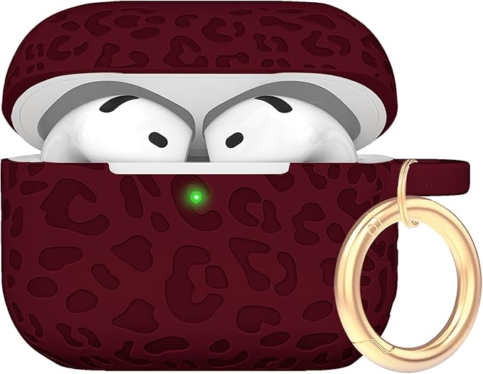Engraved Leopard Case Compatible with AirPods 4th Generation Cover with Keychain, Skin Soft Cover for Compatible with AirPods 4 Case Full Protection,Front LED Visible, Wine Red