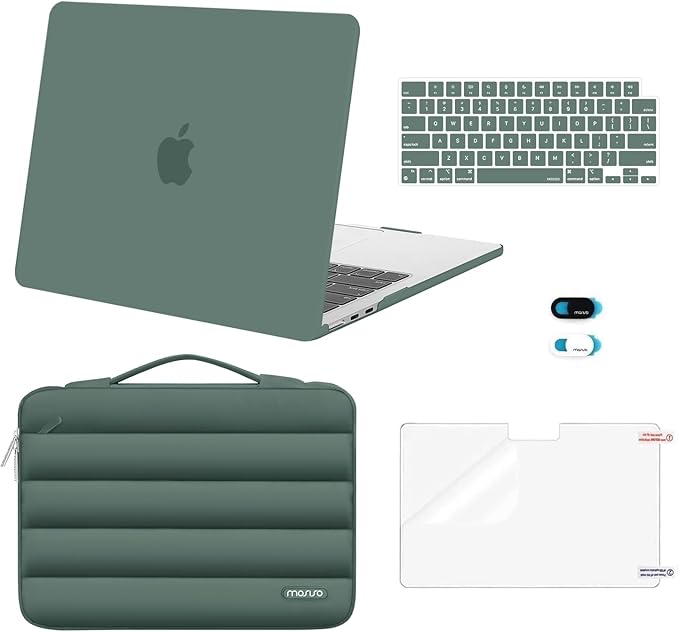MOSISO Compatible with MacBook Air 13 inch Case M5 2026 M4 2025 M3 M2 2024-2022 A3449 A3240 A3113 A2681, Hard Case&Puffy Bag&Keyboard Cover&Webcam Cover&ScreenFilm for MacBook Air 13.6, Emerald Green