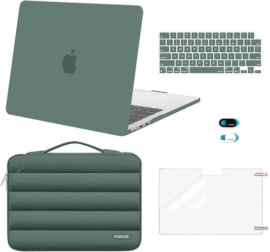MOSISO Compatible with MacBook Air 13 inch Case M5 2026 M4 2025 M3 M2 2024-2022 A3449 A3240 A3113 A2681, Hard Case&Puffy Bag&Keyboard Cover&Webcam Cover&ScreenFilm for MacBook Air 13.6, Emerald Green