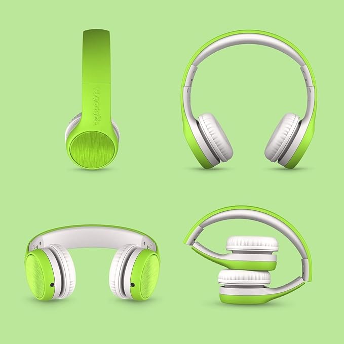 LilGadgets Connect+ Style On-Ear Kids Headphones with Microphone - SharePort Technology, SoftTouch Padding, Detachable Cable, Volume Limiting, Durable & Adjustable - Green