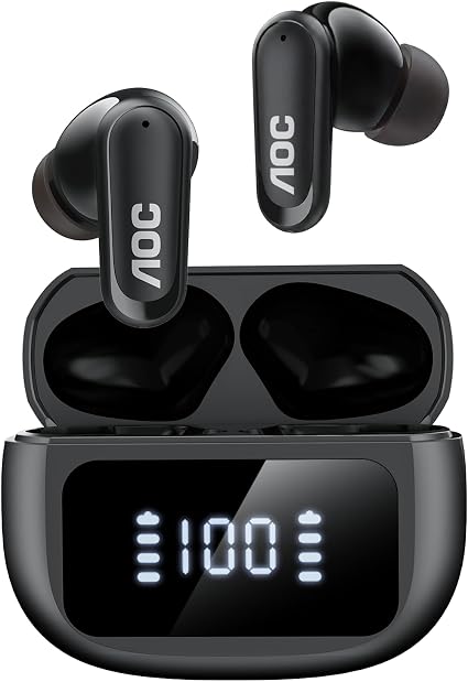 AOC Noise Cancelling Wireless Earbuds, 39dB ANC, 45H, LED Display, Black