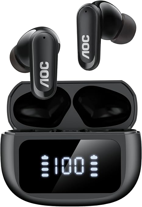 AOC Noise Cancelling Wireless Earbuds, 39dB ANC, 45H, LED Display, Black