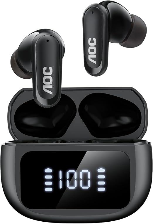 AOC Noise Cancelling Wireless Earbuds, 39dB ANC, 45H, LED Display, Black