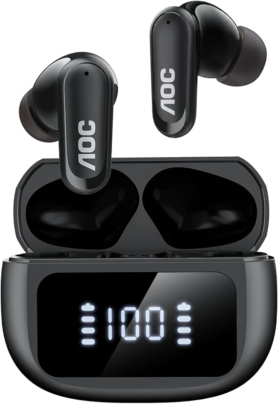AOC Noise Cancelling Wireless Earbuds, 39dB ANC, 45H, LED Display, Black