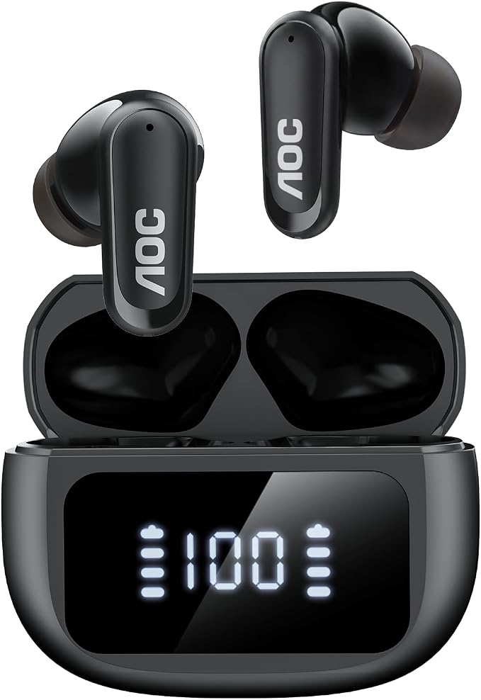 AOC Noise Cancelling Wireless Earbuds, 39dB ANC, 45H, LED Display, Black