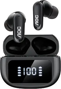 AOC Noise Cancelling Wireless Earbuds, 39dB ANC, 45H, LED Display, Black