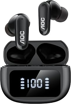AOC Noise Cancelling Wireless Earbuds, 39dB ANC, 45H, LED Display, Black
