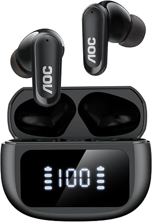AOC Noise Cancelling Wireless Earbuds, 39dB ANC, 45H, LED Display, Black