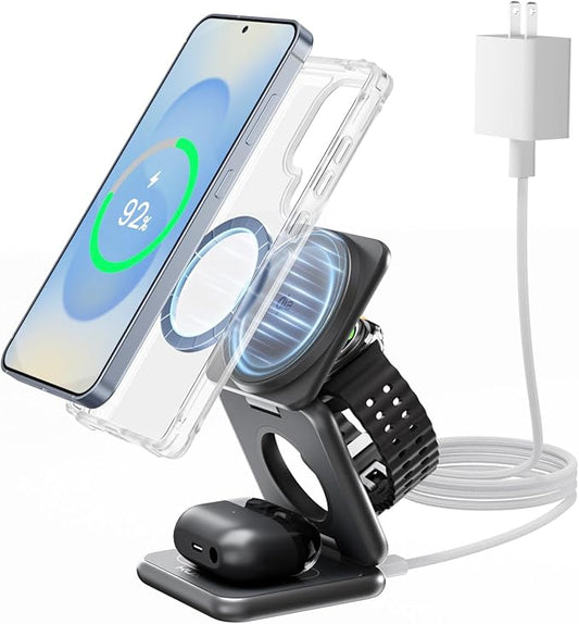 KU XIU Qi2 Certified 3 in 1 Charging Station for Samsung, Aluminum Alloy Foldable 15W Wireless Charger for Galaxy S26 S25 Series Z Flod 7, Fast Charger for Galaxy Watch Ultra, for Galaxy Buds