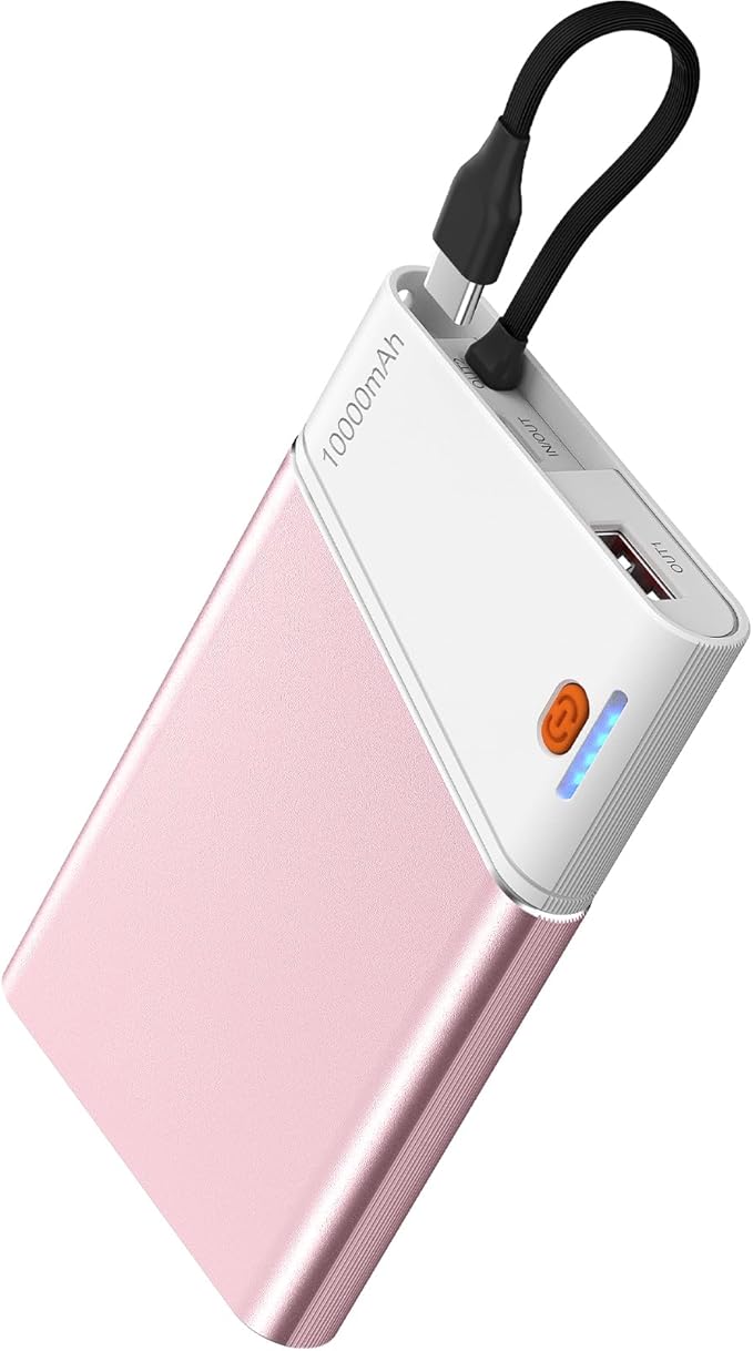 Portable Charger Power Bank, 10000mAh 22.5W PD Fast Charging Powerbank with Built-in USB C Cable, Slim External Phone Battery Pack for iPhone 17/16/15 Samsung S24 Android etc (Pink)