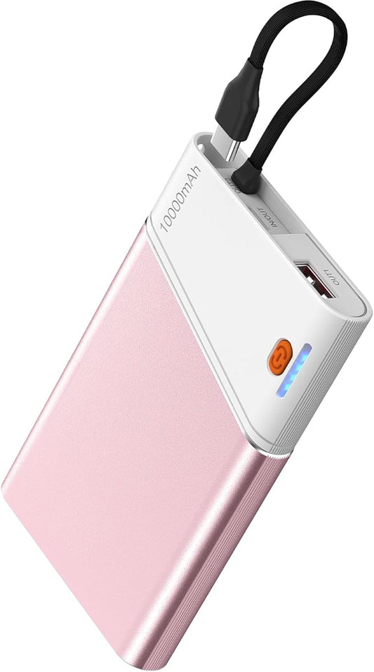 Portable Charger Power Bank, 10000mAh 22.5W PD Fast Charging Powerbank with Built-in USB C Cable, Slim External Phone Battery Pack for iPhone 17/16/15 Samsung S24 Android etc (Pink)