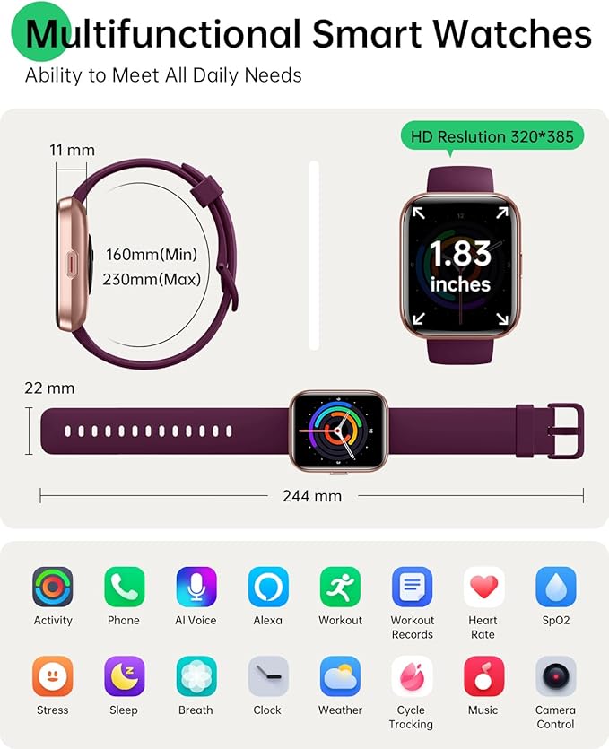 Smart Watches for Women (Android & iPhones), 1.83" HD Alexa Built-in Smart Wacth With Heart Rate Monitor, Sleep/Step Tracker, 120+ Sport Modes Fitness Tracker Watch for Women, 3ATM Waterproof Watch