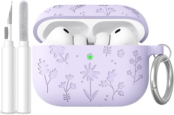 AhaStyle AirPods Pro 3 Case Cover (2025) Flower Engraved Cute Silicone AirPods Pro 3rd Generation Case Full Body Shockproof Cover Skin for Apple AirPods Pro 3rd Gen with Cleaning Kit for Women Girls