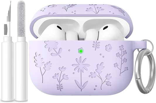 AhaStyle AirPods Pro 3 Case Cover (2025) Flower Engraved Cute Silicone AirPods Pro 3rd Generation Case Full Body Shockproof Cover Skin for Apple AirPods Pro 3rd Gen with Cleaning Kit for Women Girls