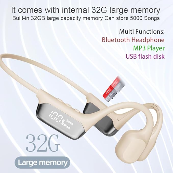 AYI Swim Headphones True Bone Conduction Open Ear Headset LED Screen Power Indicator Underwater MP3 Player Built-in 32G Memory IP68 Waterproof Bluetooth Earphone for Sport Running-S10 White