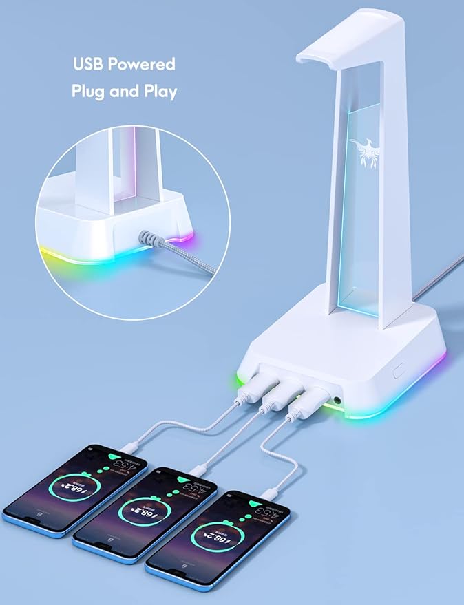 RGB Headphone Stand with 3.5mm AUX and 3 Port USB 2.0 Hub, Universal Gaming Headset Hanger Holder for Computer Gaming Gamer Accessories (White)