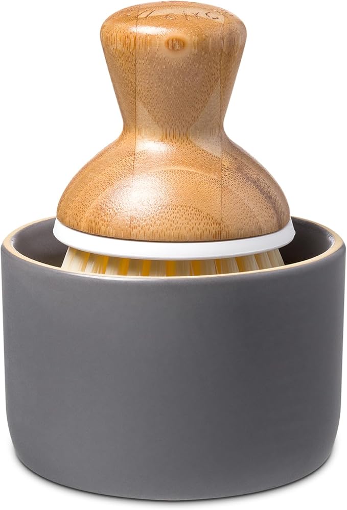 Full Circle Bubble Up Bamboo Dish Brush & Ceramic Soap Dispenser-Family Safe, Formaldehyde-Free-Kitchen Scrub Brush for Dishes, Nonstick & Cast Iron,Gray
