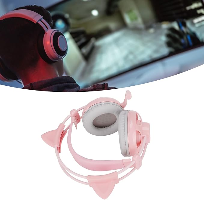 Cute Pink Cat Ears Gaming Headset for, 7.1 Surround Headband Wired Gaming Headset Bass Surround and Noise Cancelling with Mic for Laptop PC Smartphones (Grey and Pink)