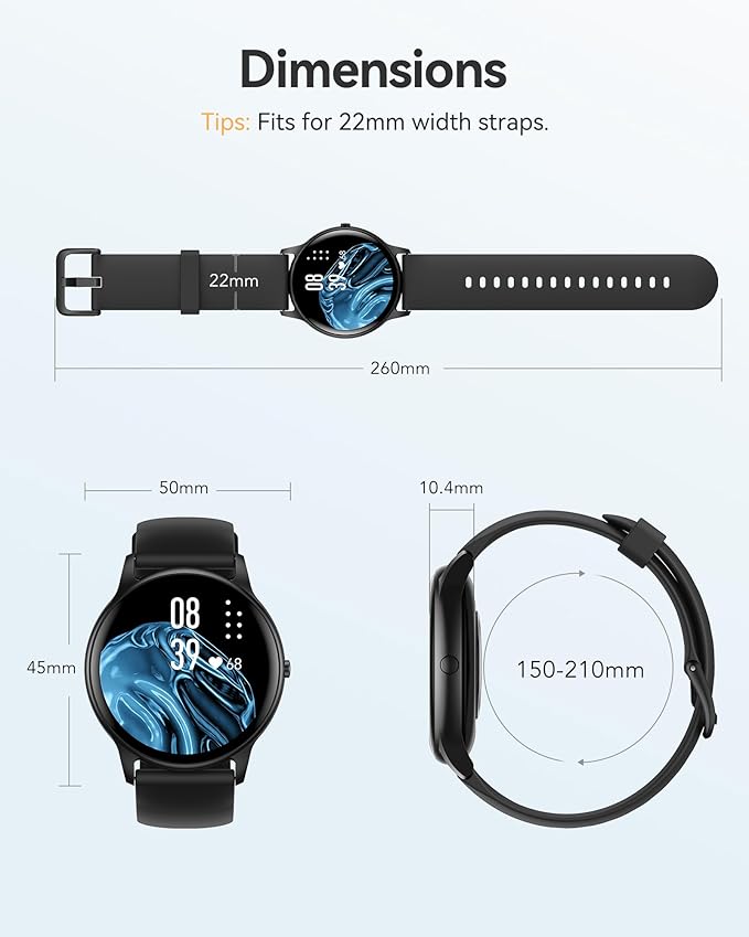 AGPTEK Smart Watch for Women Men, 5ATM Waterproof Smartwatch for Android and iOS Phones, Fitness Tracker Watch with 100+ Sports Modes, Heart Rate Monitor Pedometer Sleep Monitor, Black