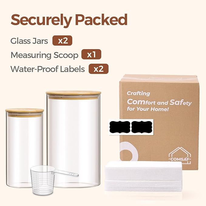 ComSaf Glass Food Storage Containers with Bamboo Lid (4.2Qt/1.5Qt), Glass Jar with Airtight Lid Clear Glass Food Canister Set of 2 for Dry food like Rice, Sugar, Flour, Pasta, Cereal, Beans, Nuts
