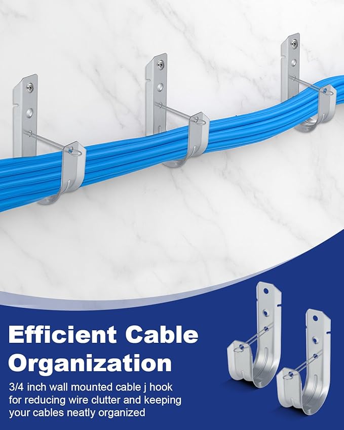 50 Pcs 2" Galvanized Steel J-Hooks, Heavy Duty Wall Mount Cable Support J Hook with Retainer Clip for Cable Management