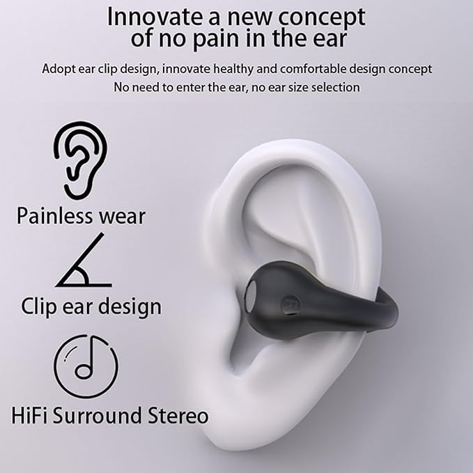 Open-Ear Wireless Headphones Bluetooth Clip On Mini Earbuds Charging Case Ear Buds Sports Bone Conduction Headphones Earphones for Workout Driving Walking (Black(Orange))