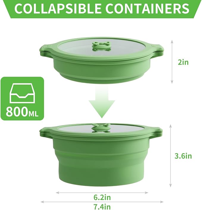 Collapsible Silicone Microwave Cookware Cooker Steamer for Cooking with Lids, 0.8L Glass Food Storage Container Sealed Bowl Mixing Bowls 2pc Set BPA Free