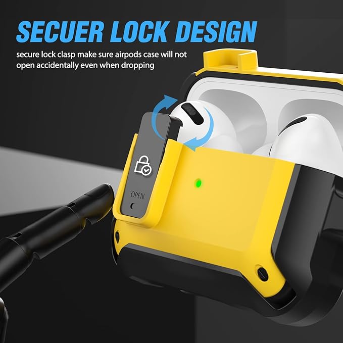 Valkit for Airpods Pro Case Cover with Lock, Military Armor Series Full-Body AirPod Pro Case with Keychain Cool Air Pod Pro Shockproof Protective Case for AirPods Pro 2019, Black/Yellow