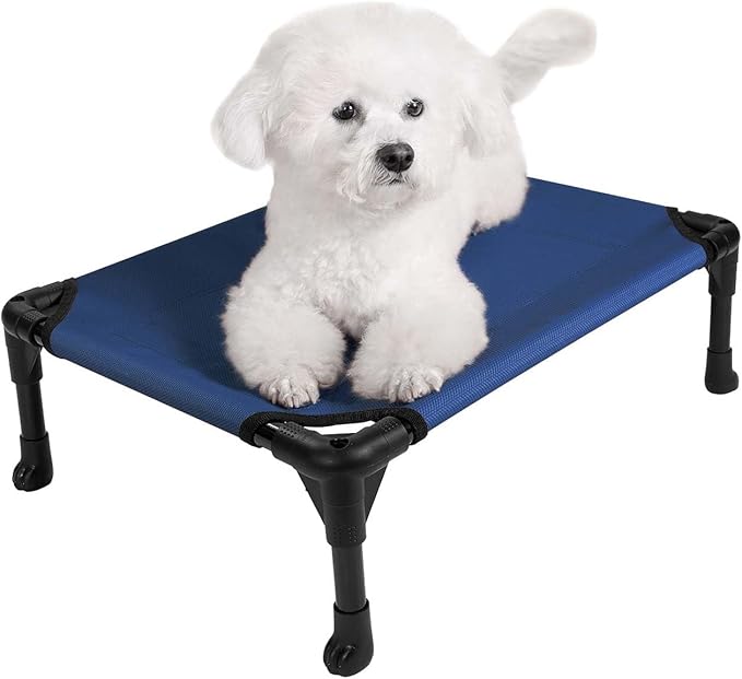 Veehoo Outdoor Elevated Dog Bed for Small Dogs, Cooling Raised Dog Cots Beds Training Platform Off Ground Hammock with Breathable Mesh, No-Slip Feet, 22"x17", Blue