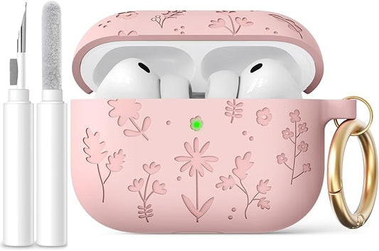 AhaStyle AirPods Pro 3 Case Cover (2025) Flower Engraved Cute Silicone AirPods Pro 3rd Generation Case Full Body Shockproof Cover Skin for Apple AirPods Pro 3rd Gen with Cleaning Kit for Women Girls