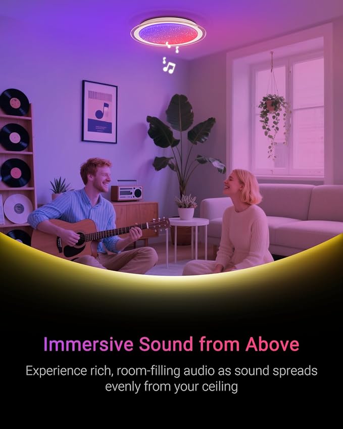 1-Pack, 16 inch Smart LED Music Ceiling Light with Bluetooth Speaker, Compatible with Alexa & Google Home, Color Changing RGB Dimmable Light for Living Room, Bedroom, Kitchen
